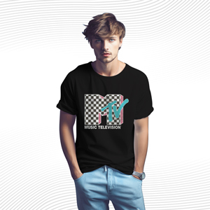 MTV Neon Distressed Checkered Logo T Shirt